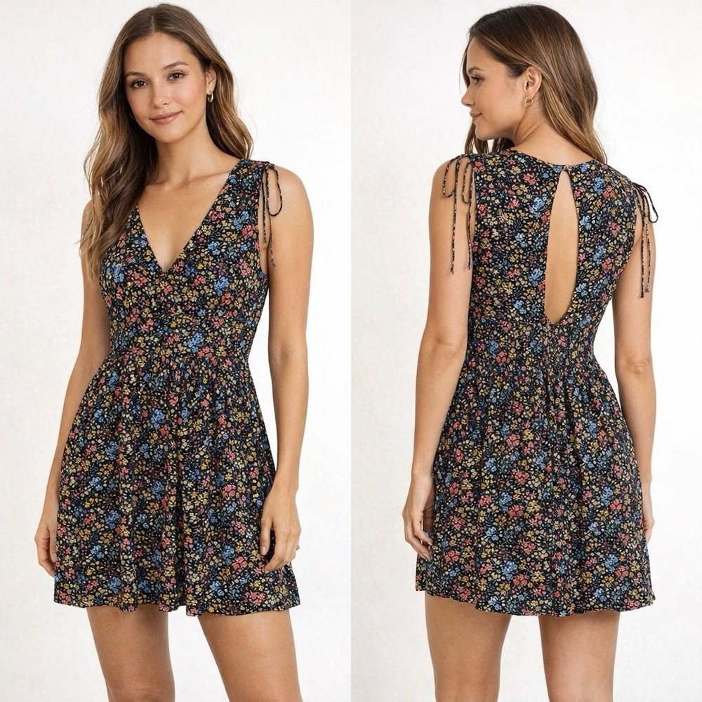 American Eagle Mini Dress S Black Floral Babydoll Sleeveless Romantic Pockets